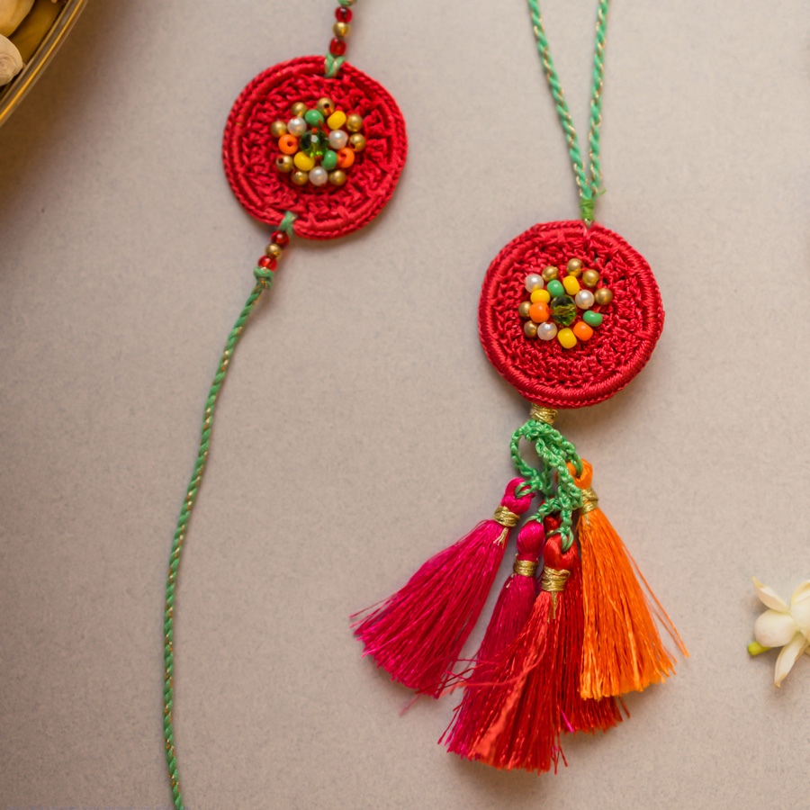 shop Coral Reef Crochet Rakhi & Lumba Set (Set of 2)
