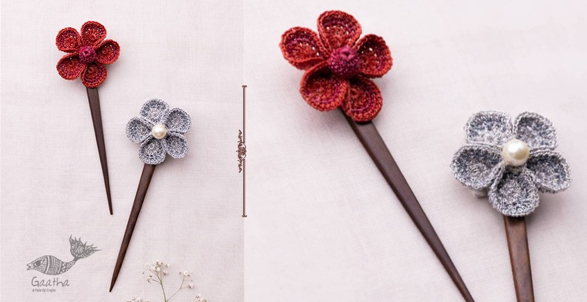 shop Multicoloured Five Petal Flowers Hair Stick (Pair) ~ Red