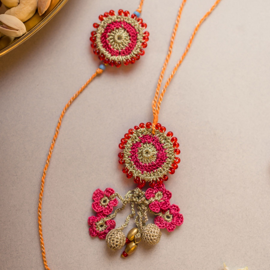 shop Pink Twilight Crochet Rakhi & Lumba Set (Set of 2)