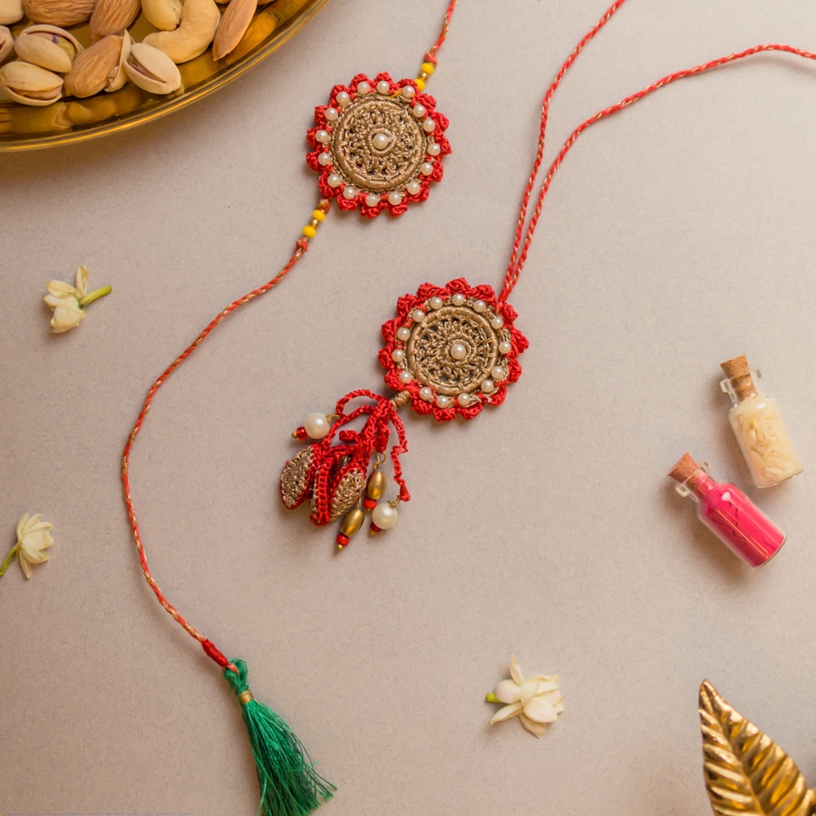 shop Festive Red Crochet Rakhi & Lumba Set (Set of 2)