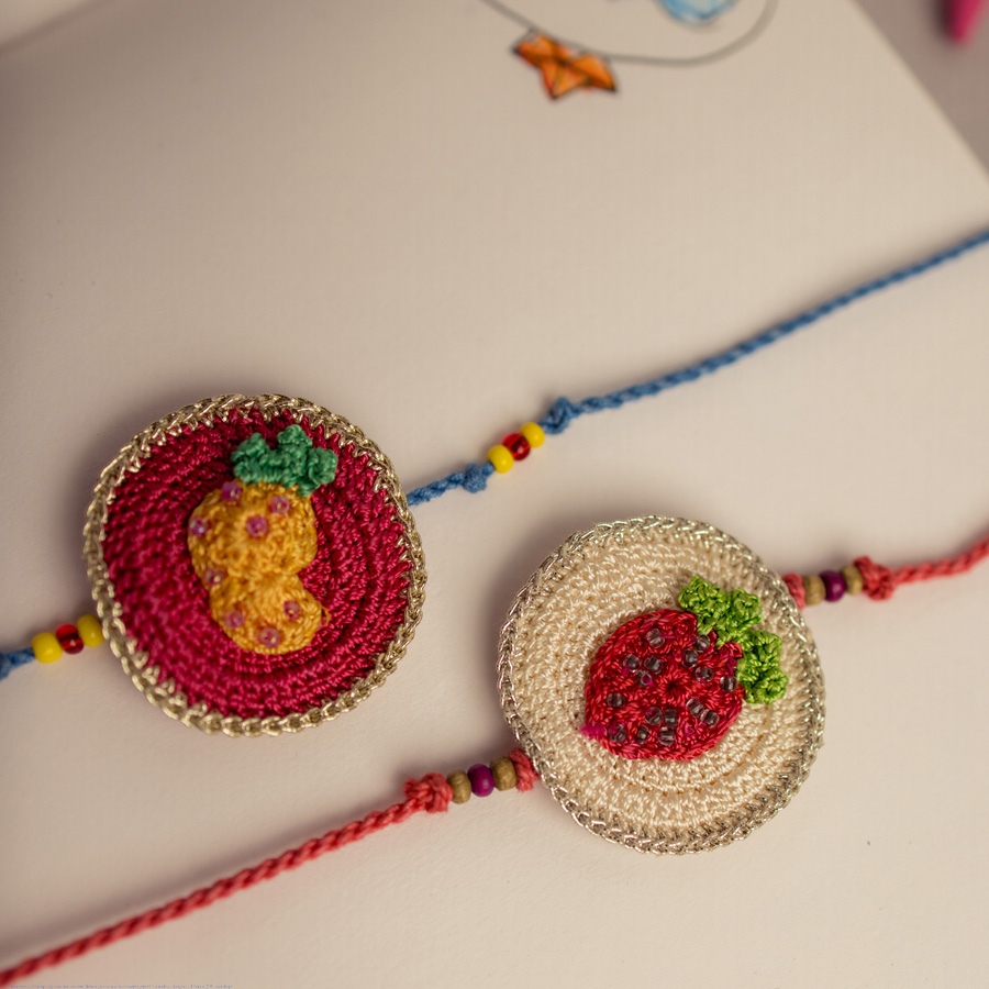 Handmade Pineapple & Strawberry Kids Rakhi - Crochet Rakhi