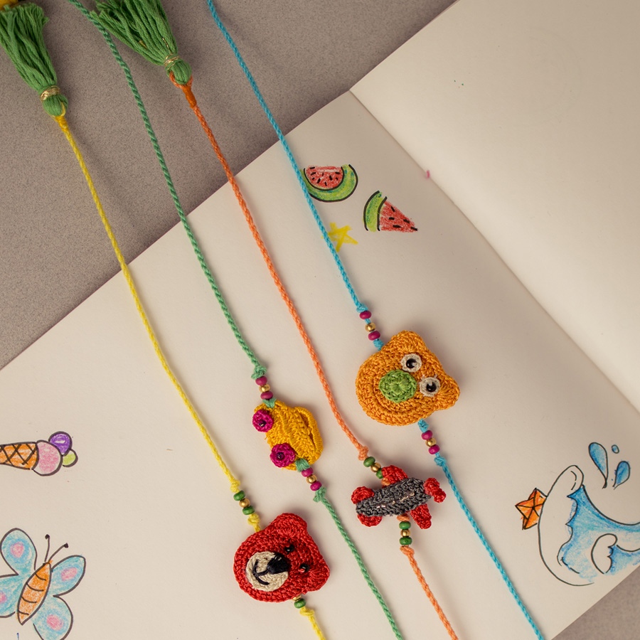 Handmade Cute Toys & Animals Kids Crochet  Rakhi (Set of 4)