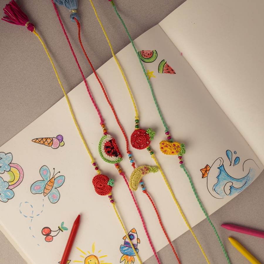 Handmade Fruity Candies Kids Crochet Rakhi (Set of 5)