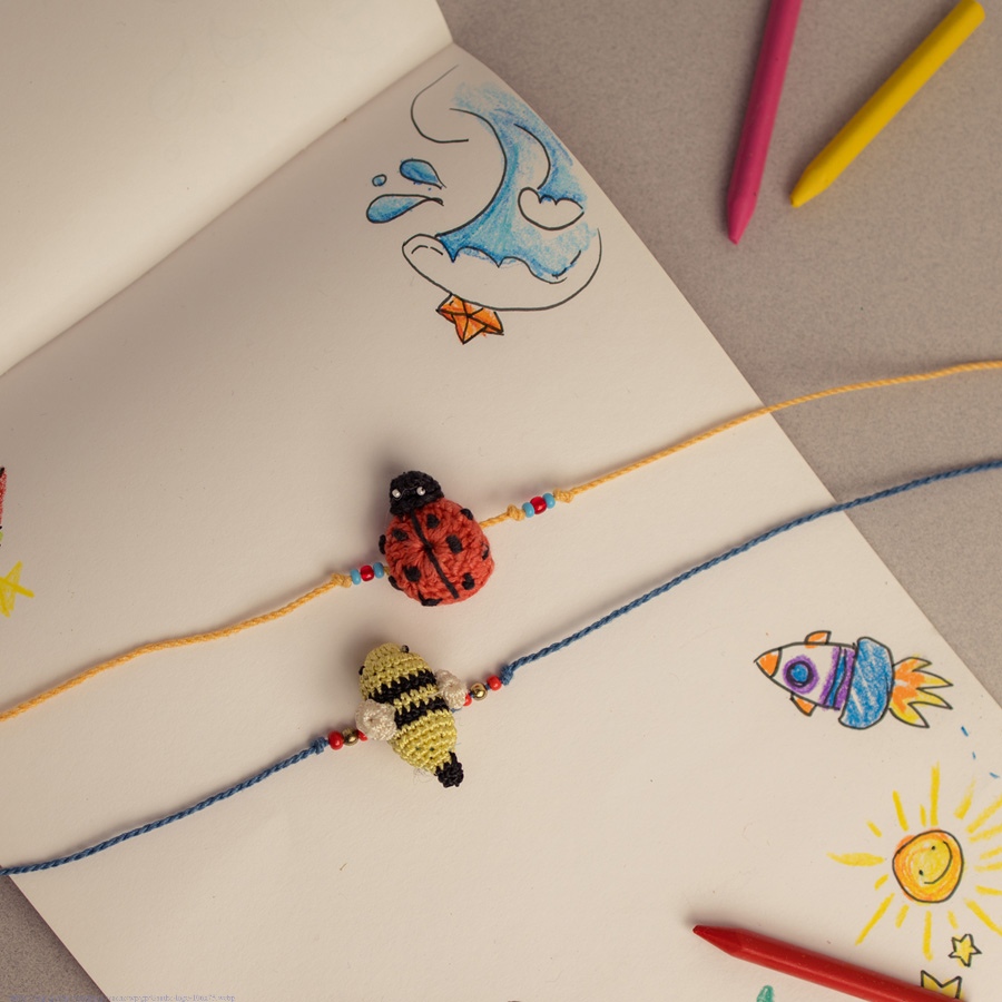 Handmade Beetle & Bee Kids Crochet Rakhi (Set of 2)