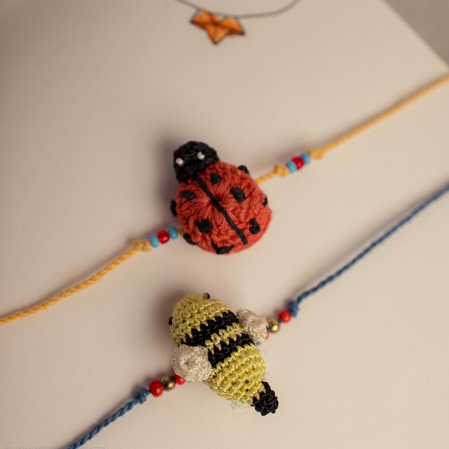 Handmade Beetle & Bee Kids Crochet Rakhi (Set of 2)