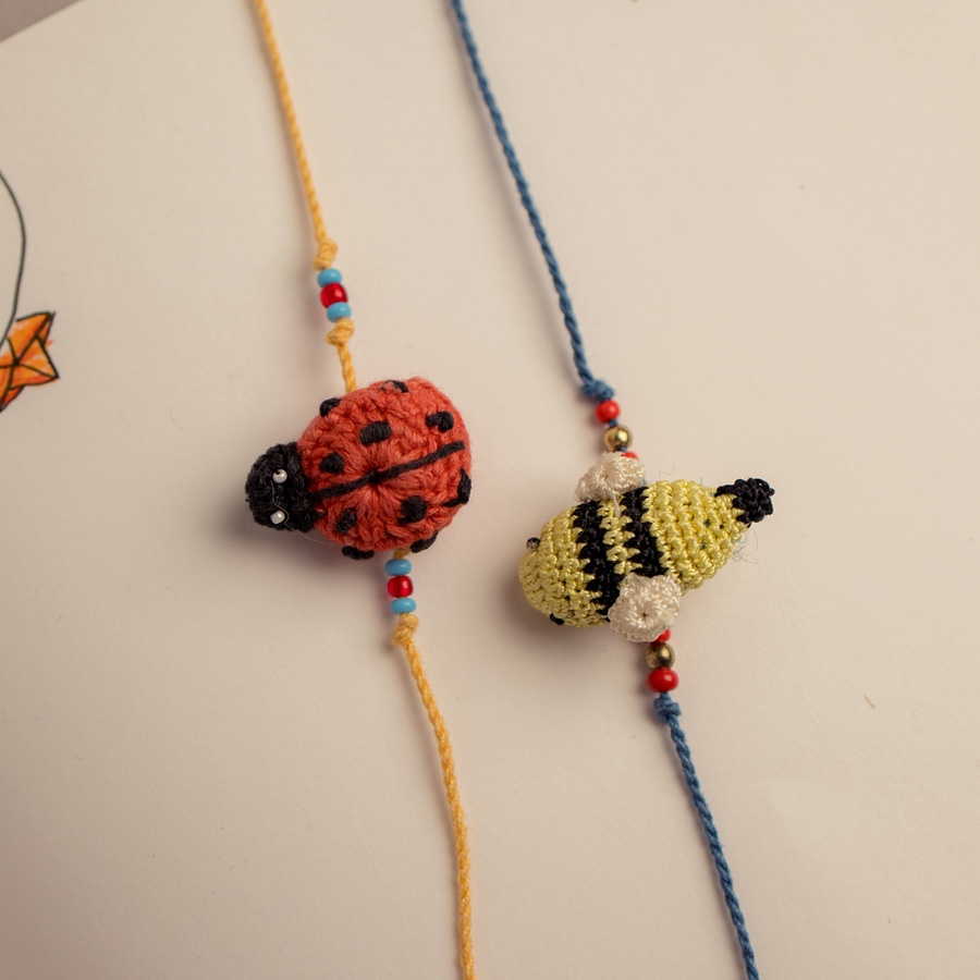 Handmade Beetle & Bee Kids Crochet Rakhi (Set of 2)