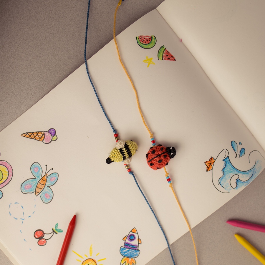 Handmade Beetle & Bee Kids Crochet Rakhi (Set of 2)