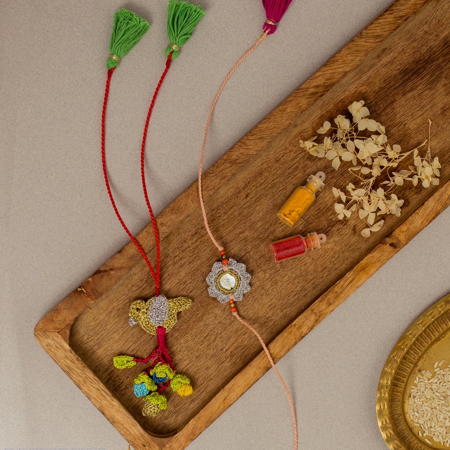Handmade Crochet Rakhi & Lumba Set Paakhi Seepi (Set of 2)