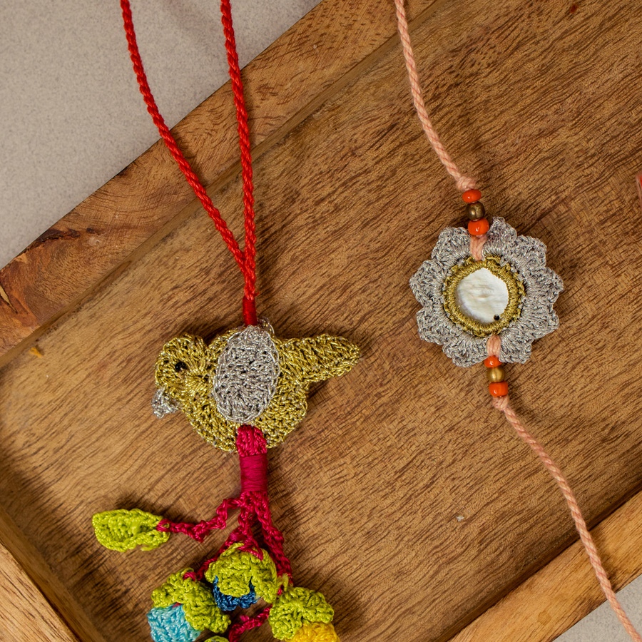 Handmade Crochet Rakhi & Lumba Set Paakhi Seepi (Set of 2)
