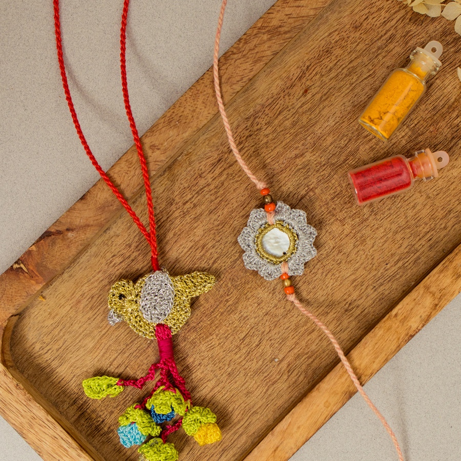 Handmade Crochet Rakhi & Lumba Set Paakhi Seepi (Set of 2)