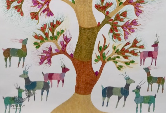 tribal gond painting of tree and deers