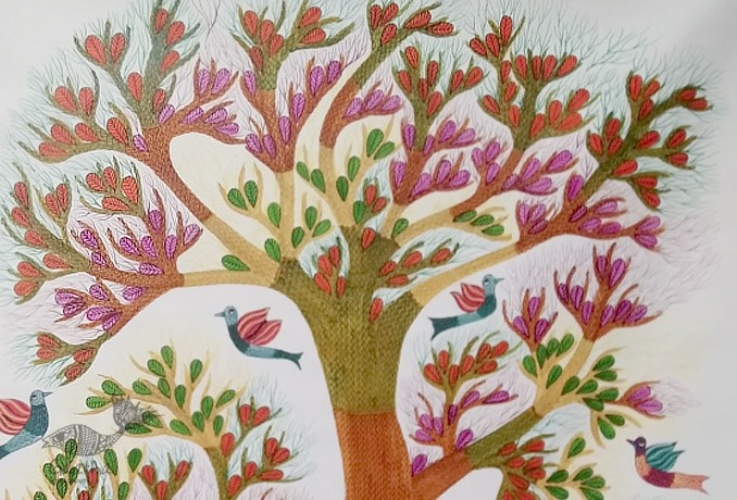 tribal gond painting of tree and deers
