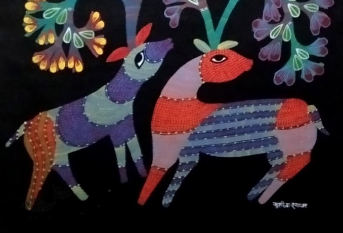 tribal gond painting -  Hiran in Black Background