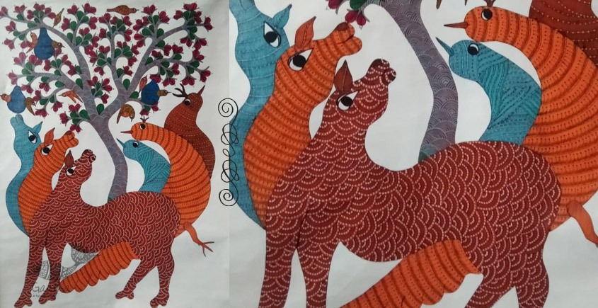 Peahen - Online gond tribal canvas painting