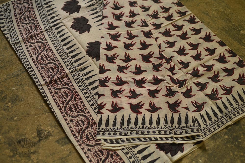 shop dabu hand block printed cotton saree- Bird Motif Printed