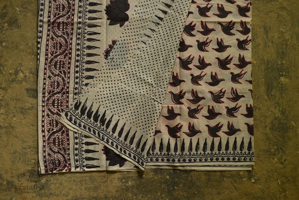 shop dabu hand block printed cotton saree- Bird Motif Printed