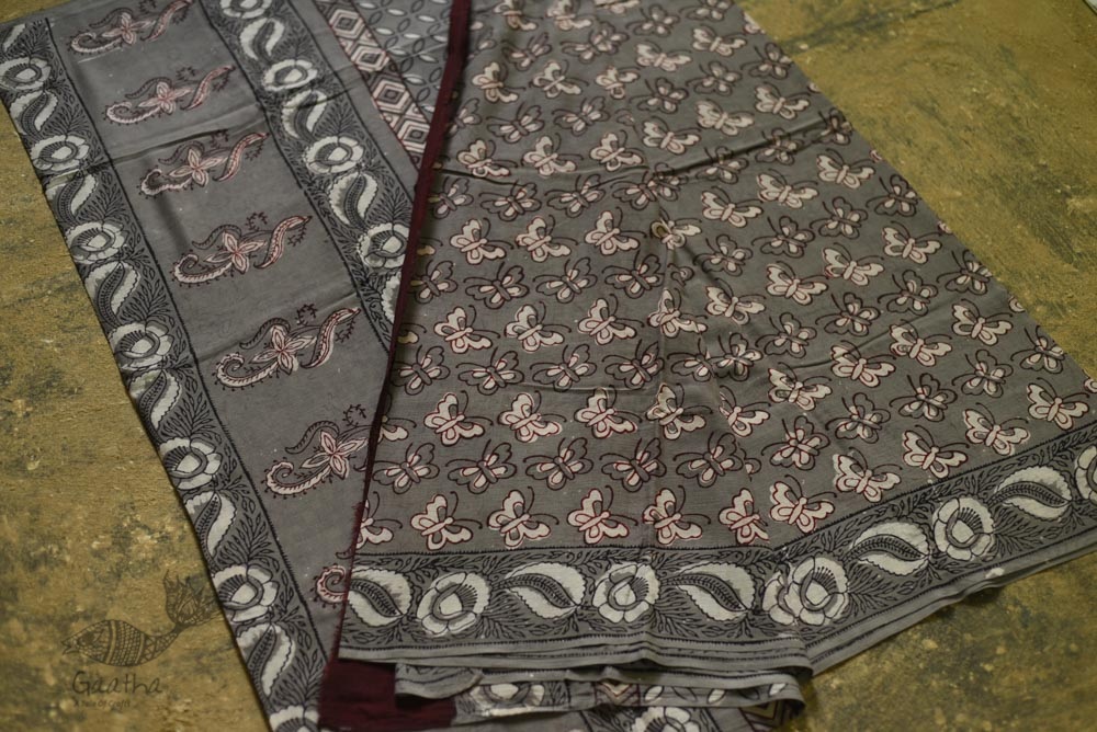 shop dabu hand block printed cotton saree - Butterfly motif 