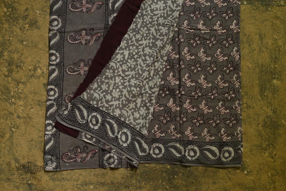 shop dabu hand block printed cotton saree - Butterfly motif 