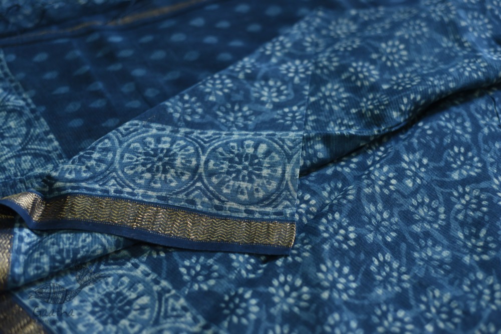 shop dabu hand block printed maheshwari-indigo saree