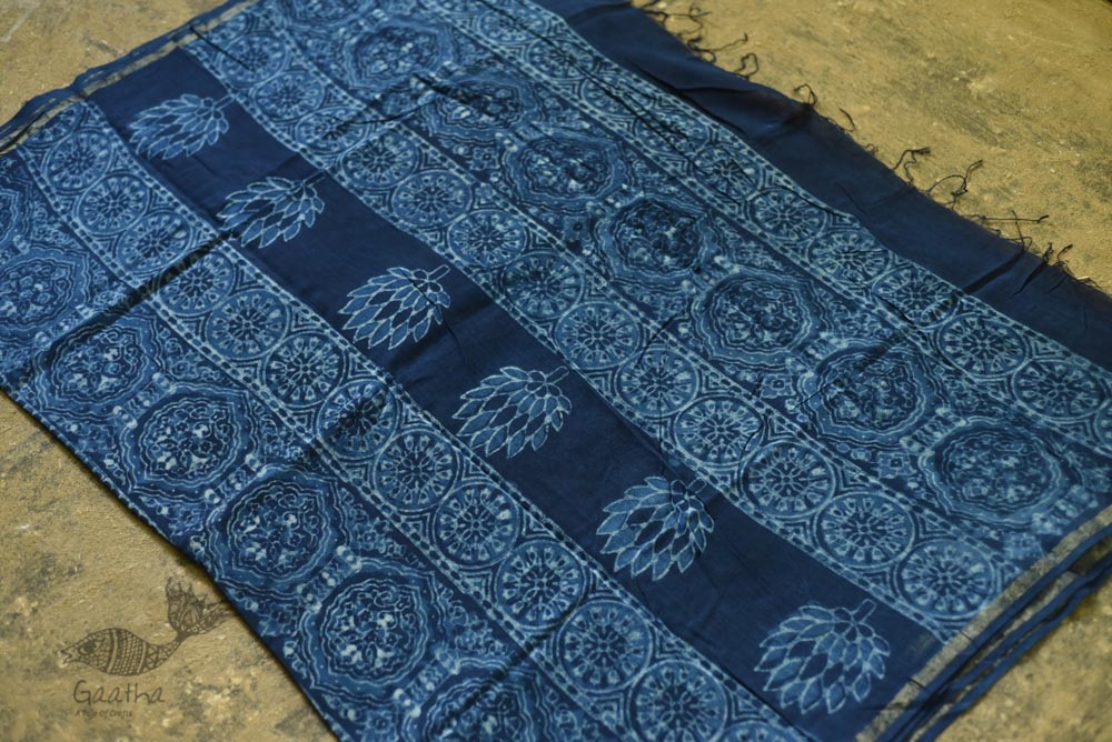 shop Dabu  Block Print - Chanderi Indigo Saree