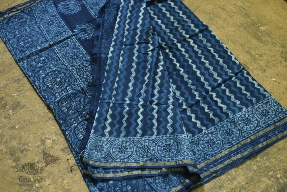 shop Dabu  Block Print - Chanderi Indigo Saree