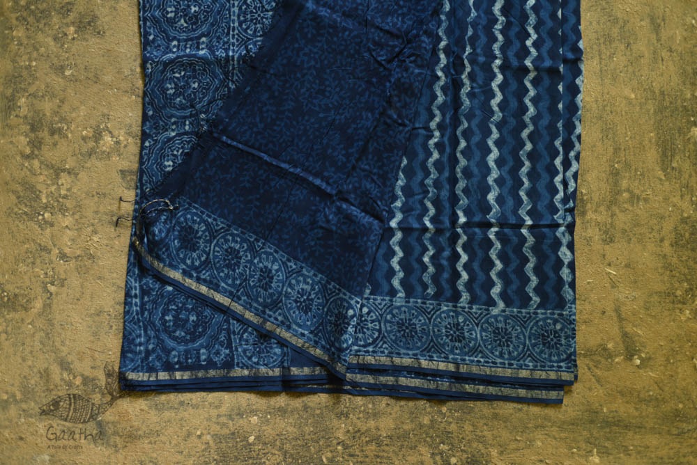 shop Dabu  Block Print - Chanderi Indigo Saree