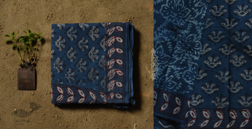 Buy Natural Dabu Block Printed Cotton Saree in Indigo Color