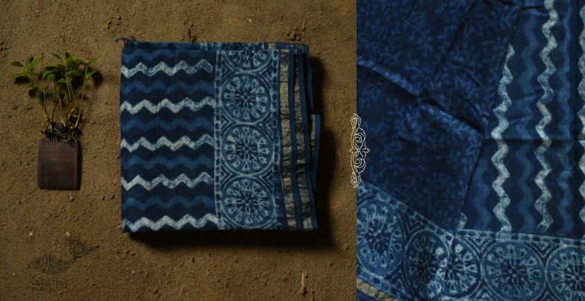 shop Dabu  Block Print - Chanderi Indigo Saree