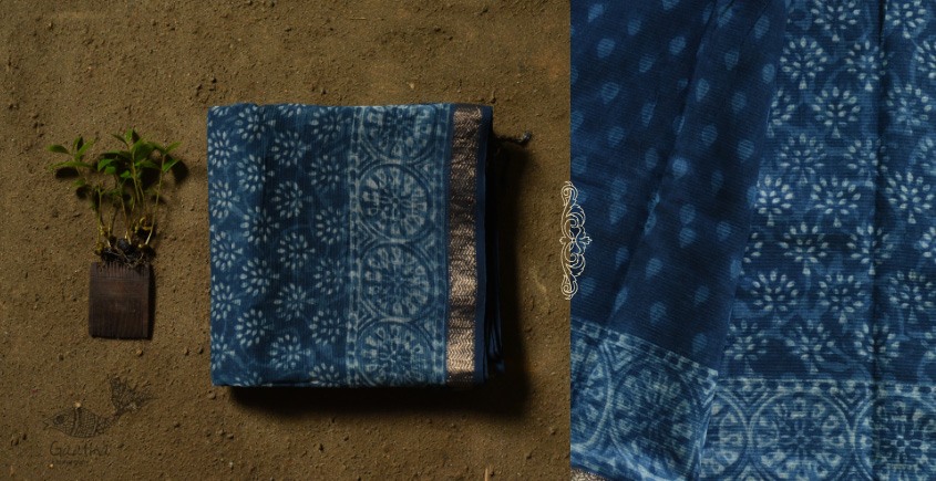 shop dabu hand block printed maheshwari-indigo saree