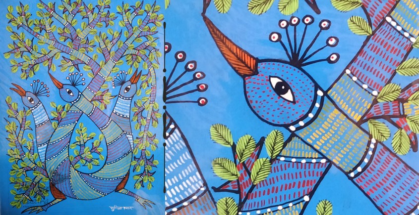 Gond india art - blue Peacock 