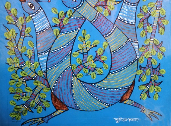 Gond india art - blue Peacock 