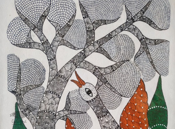 Gond art -Peacock & Birds