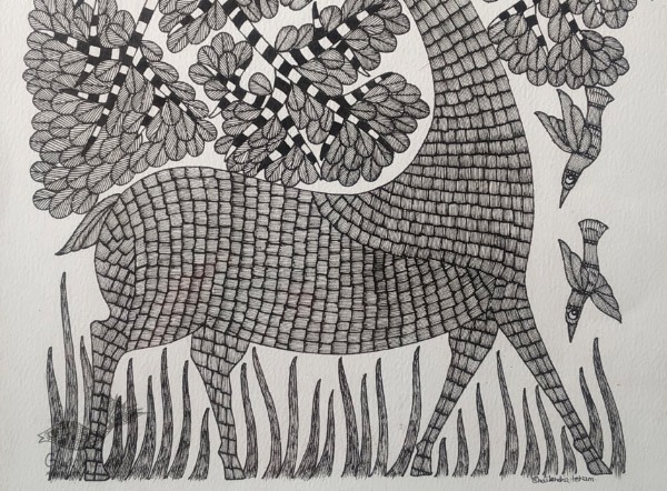 Gond art india - hand painted gond  deer painting 