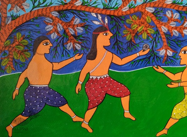 Gond art-  Krishna with Friends 