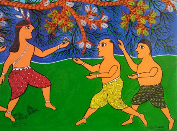 Gond art-  Krishna with Friends 