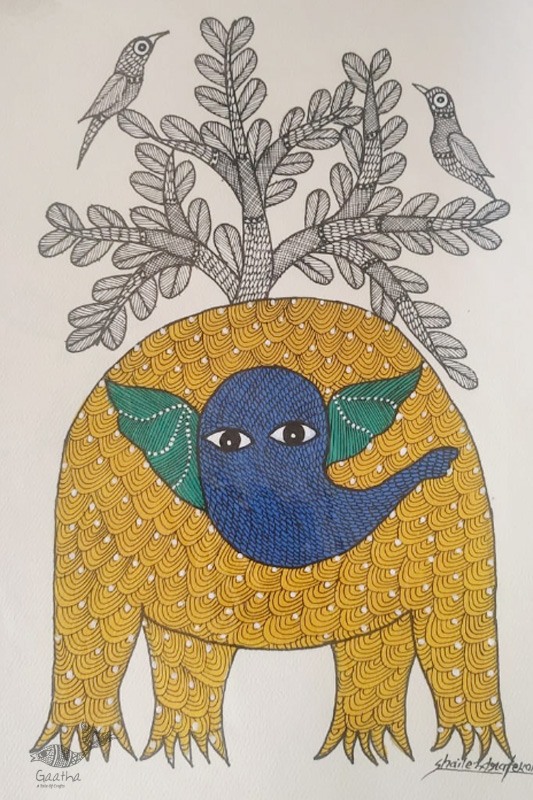Gond Painting - indian art- Elephant & Tree