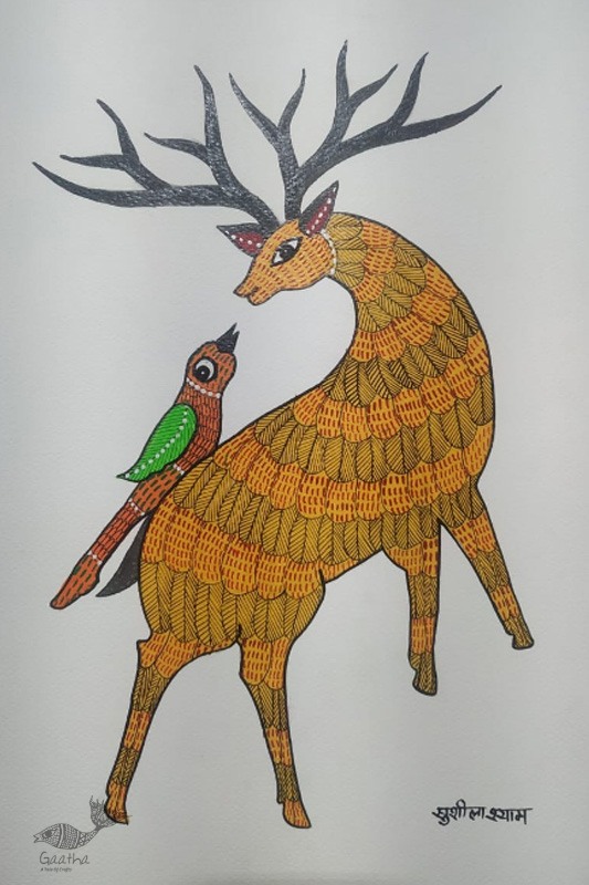 Gond Painting - indian art Deer with Parrot 