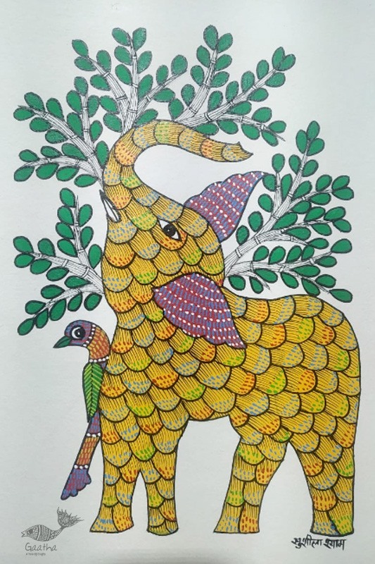 Gond Painting - indian art Elephant & Parrot