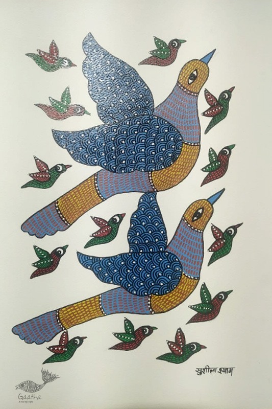 Gond Painting - indian art Flying Birds 