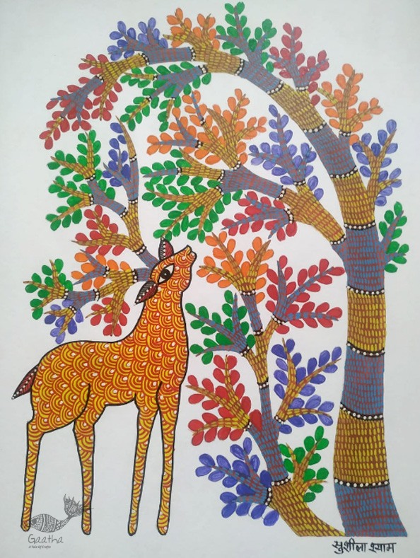 Gond Painting - indian art Deer Under The Tree