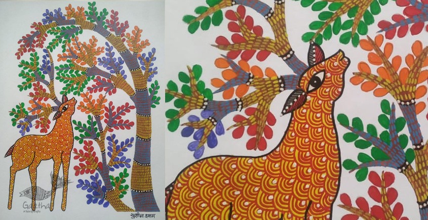 Gond Painting - indian art Deer Under The Tree