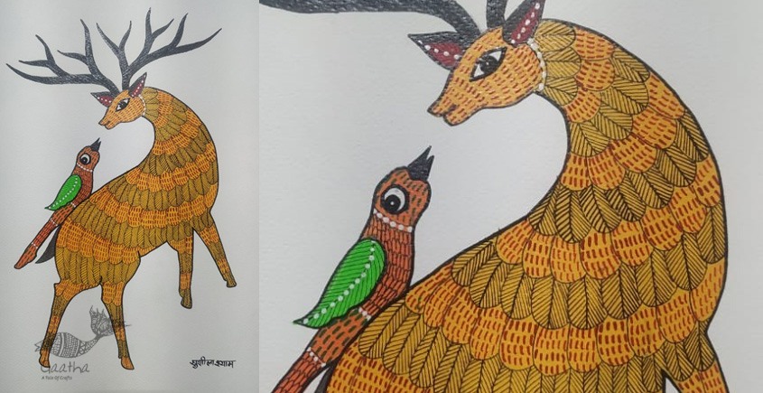 Gond Painting - indian art Deer with Parrot 