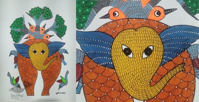 Gond Painting Hand Painted Elephant  Birds