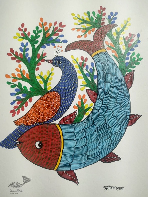 Gond Painting - indian art -Peahen & Fish