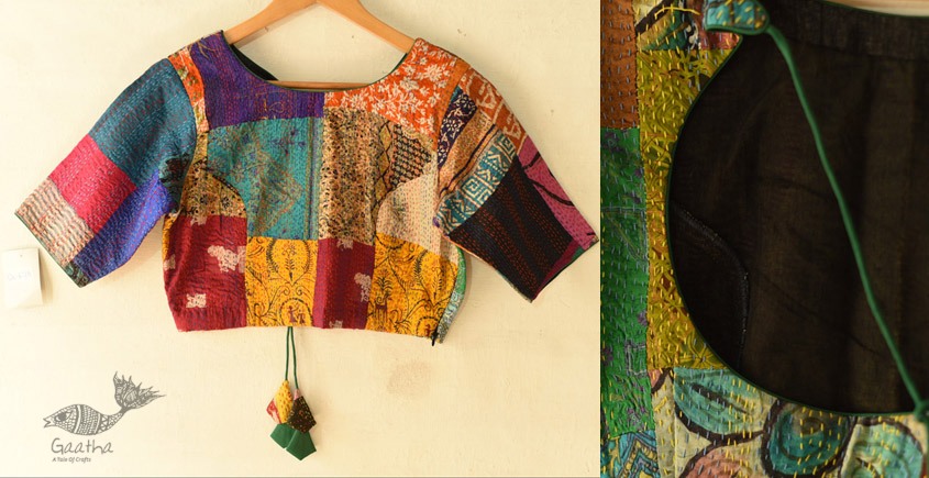 kantha silk blouse With Round Neck stitched