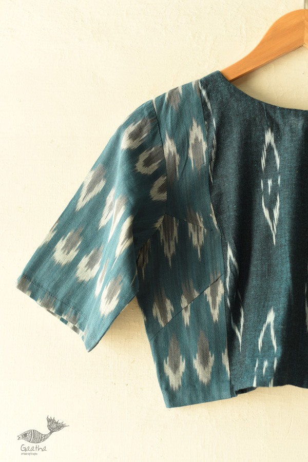 cotton Teal Blue blouse stitched - Ikat 