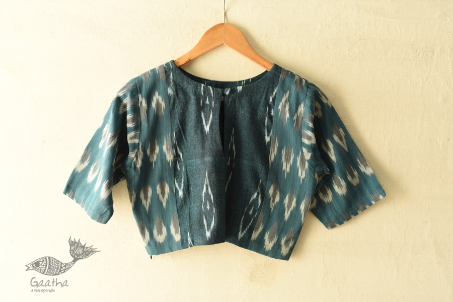 cotton Teal Blue blouse stitched - Ikat 