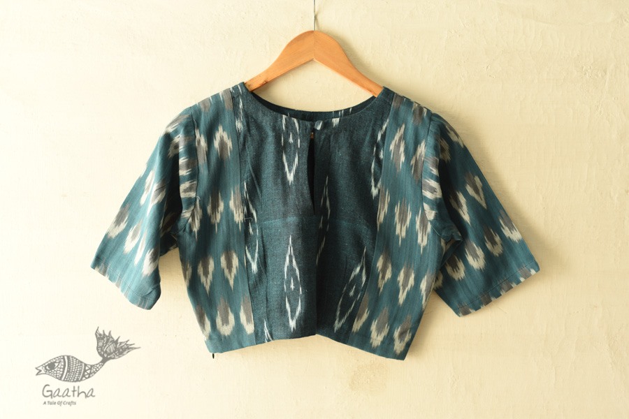 cotton Teal Blue blouse stitched - Ikat 