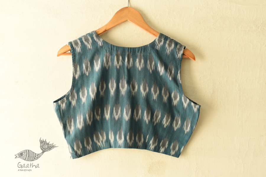 Stitched Teal Blue Cotton Sleeve Less Blouse