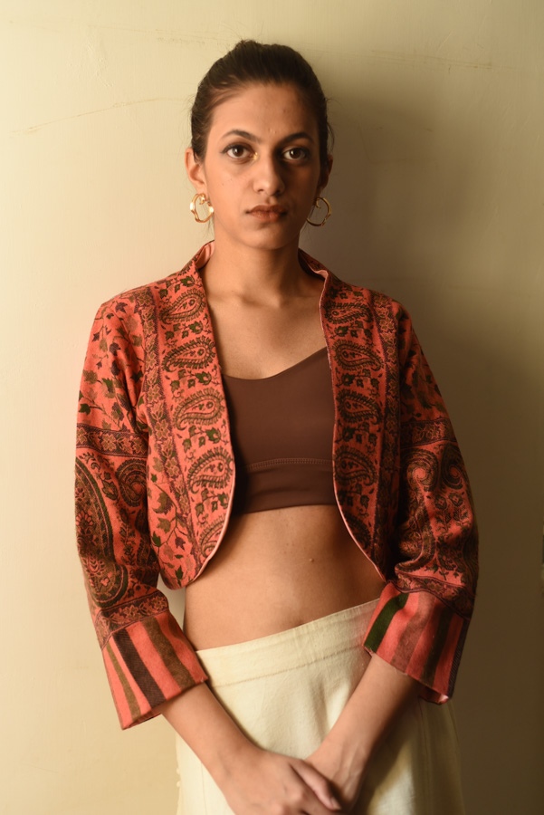 buy Handwoven Peach Jamavar Woolen Jacket